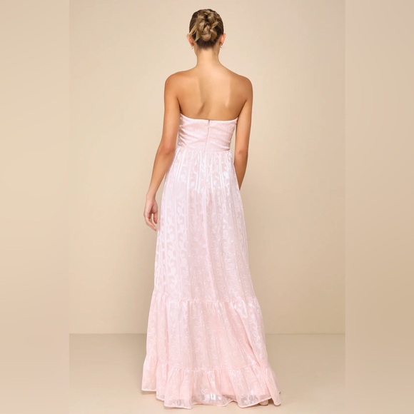 Lulu’s Adorably Elegant Blush Pink Jacquard Floral Satin Stripe Strapless Maxi - Picture 3 of 10